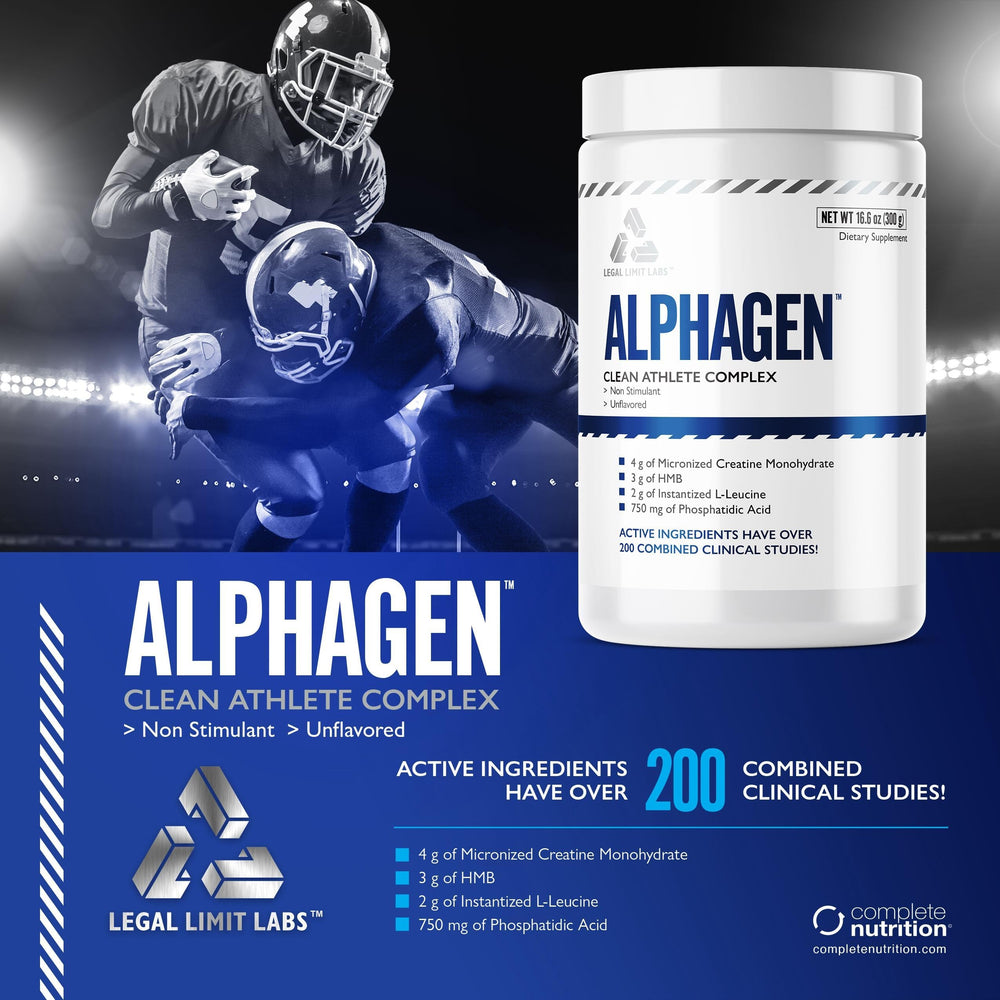 Complete Nutrition Alpha Gain ingredients panel, showing creatine, HMB, leucine, phosphatidic acid.