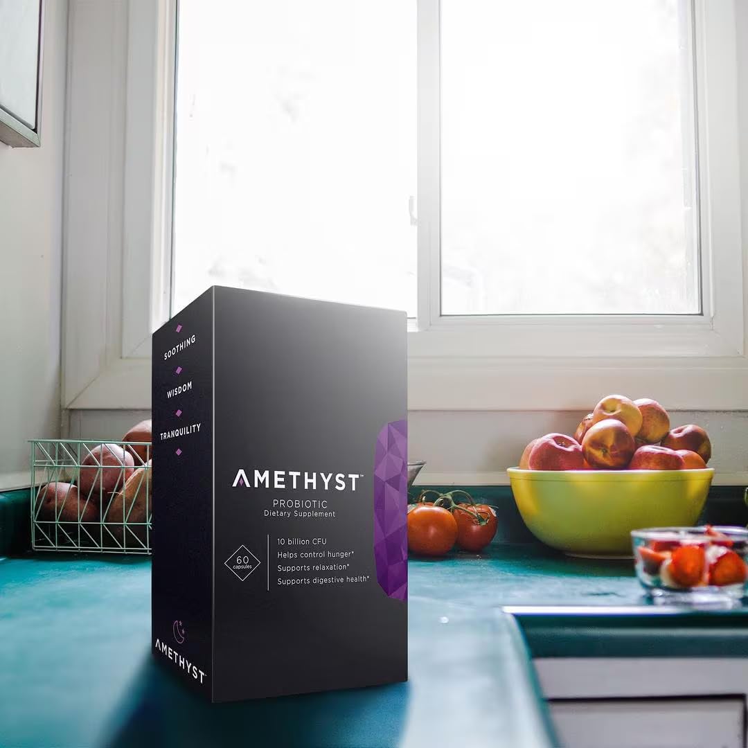Complete Nutrition Amethyst Probiotic bottle pour for on-the-go use.