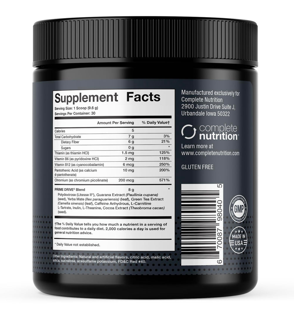 Complete Nutrition Prime Drive Energy strawberry-melon bottle with labeling, a convenient on-the-go pre-workout choice.