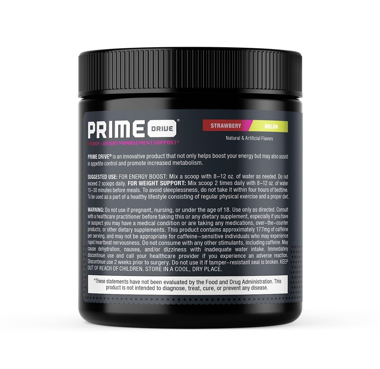 Complete Nutrition Prime Drive Energy strawberry-melon close-up powder, suggests versatile use for workouts and training sessions.
