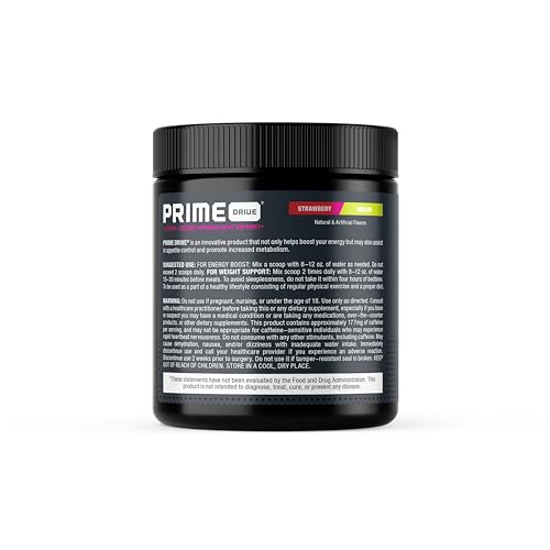 Complete Nutrition Prime Drive Energy strawberry-melon scoop beside tub, ideal for quick powder measuring before workouts.