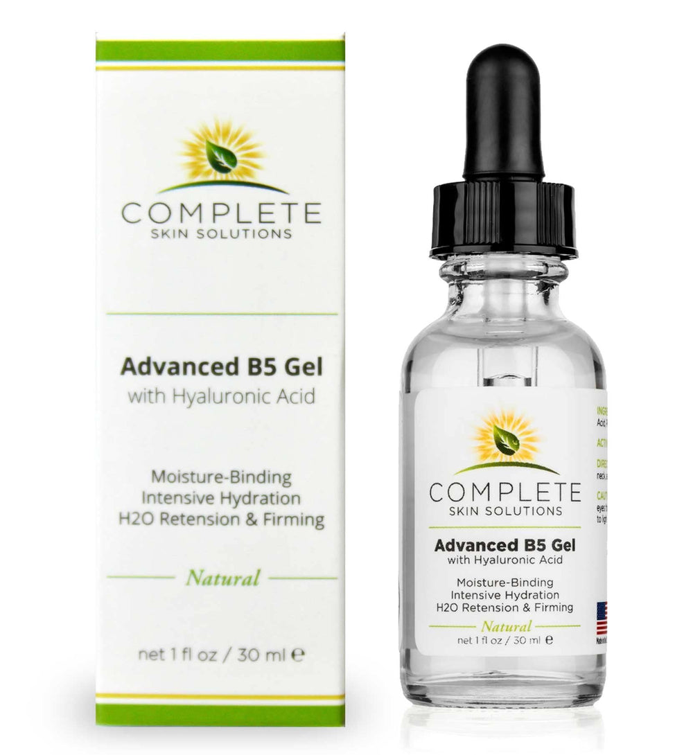 Complete Skin Solutions Advanced B5 Gel bottle highlights hydration benefits