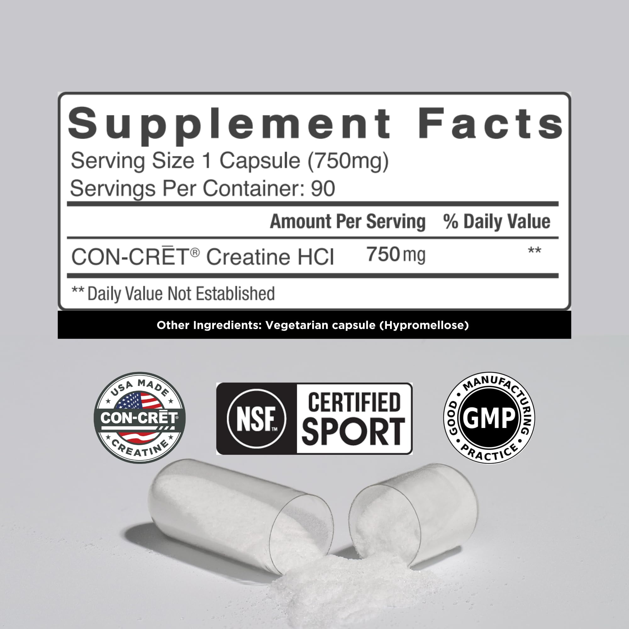 Closeup of CON-CRET Creatine HCl capsules highlighting small, soluble dose
