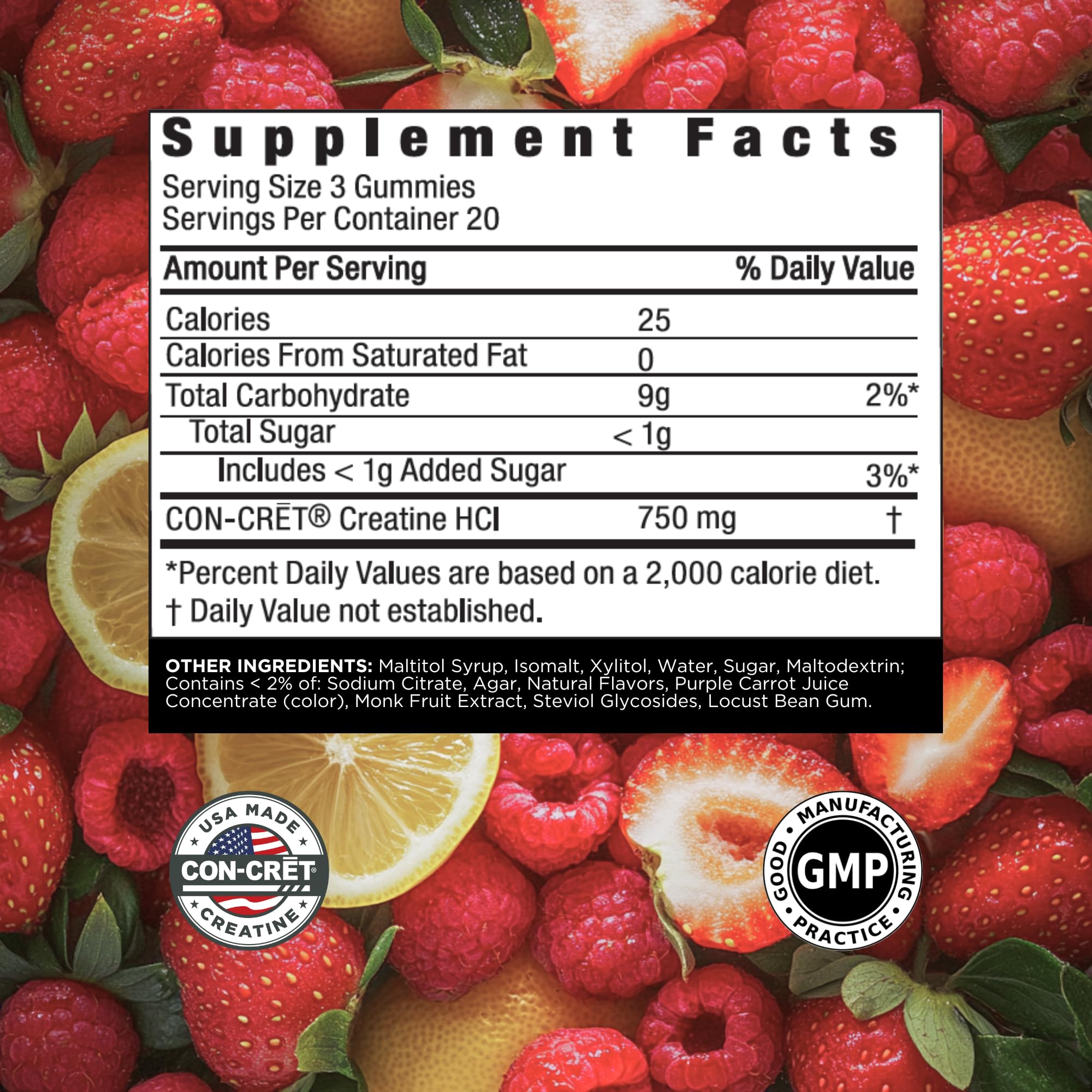 Bottle open with CON-CRET Creatine HCl Gummies Berry Zing 60-count