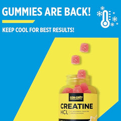 Closeup of CON-CRET gummies highlighting chewy texture and Berry Zing flavor