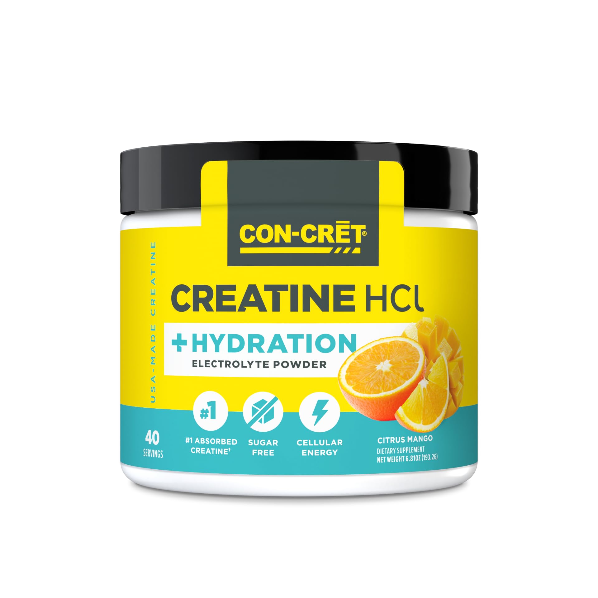CON-CRET Creatine HCl + Hydration tub shows a sugar-free electrolyte formula.
