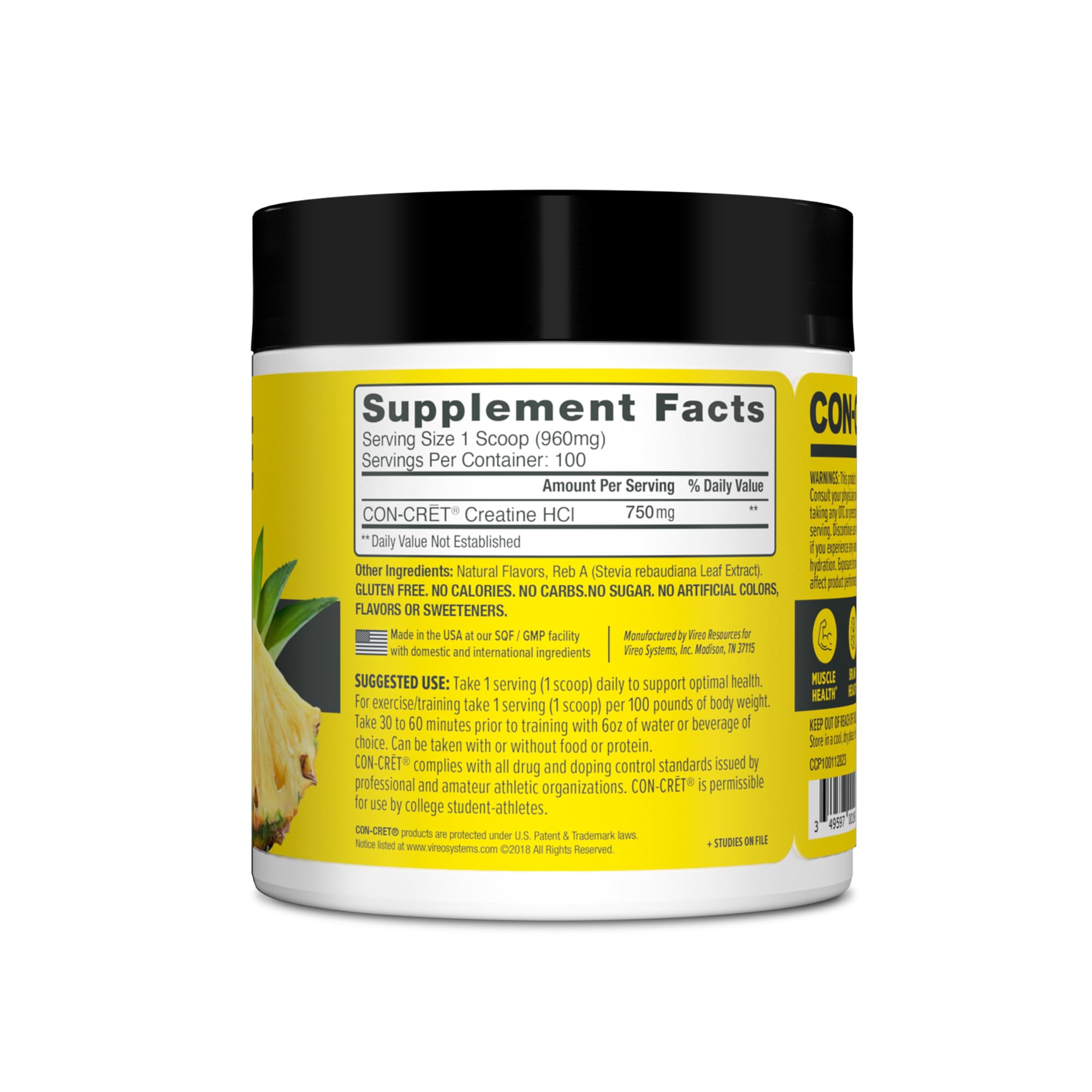 Close-up label of CON-CRET Creatine HCl highlighting benefits and ingredients.