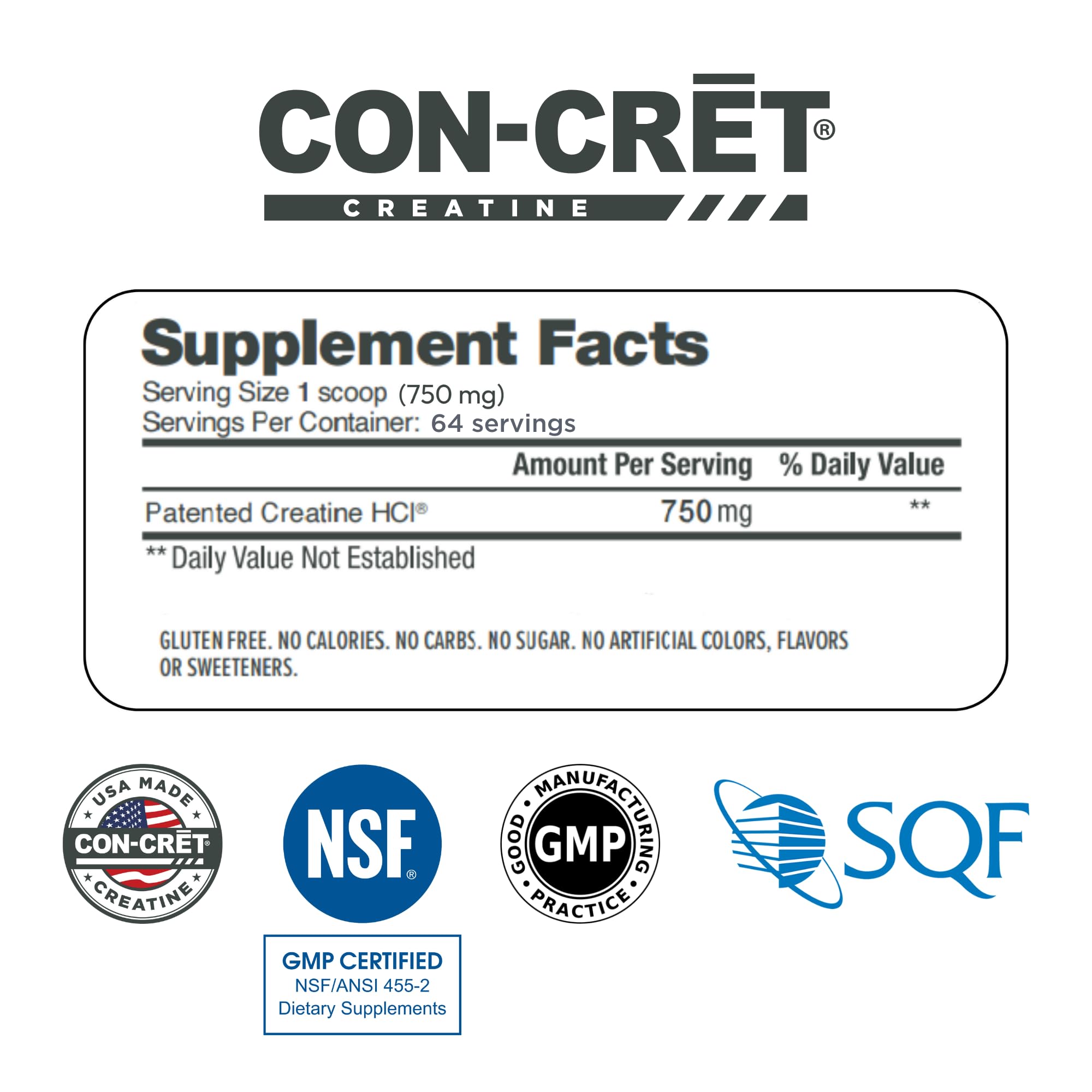 CON-CRET Creatine HCl NSF certification label for safety standards