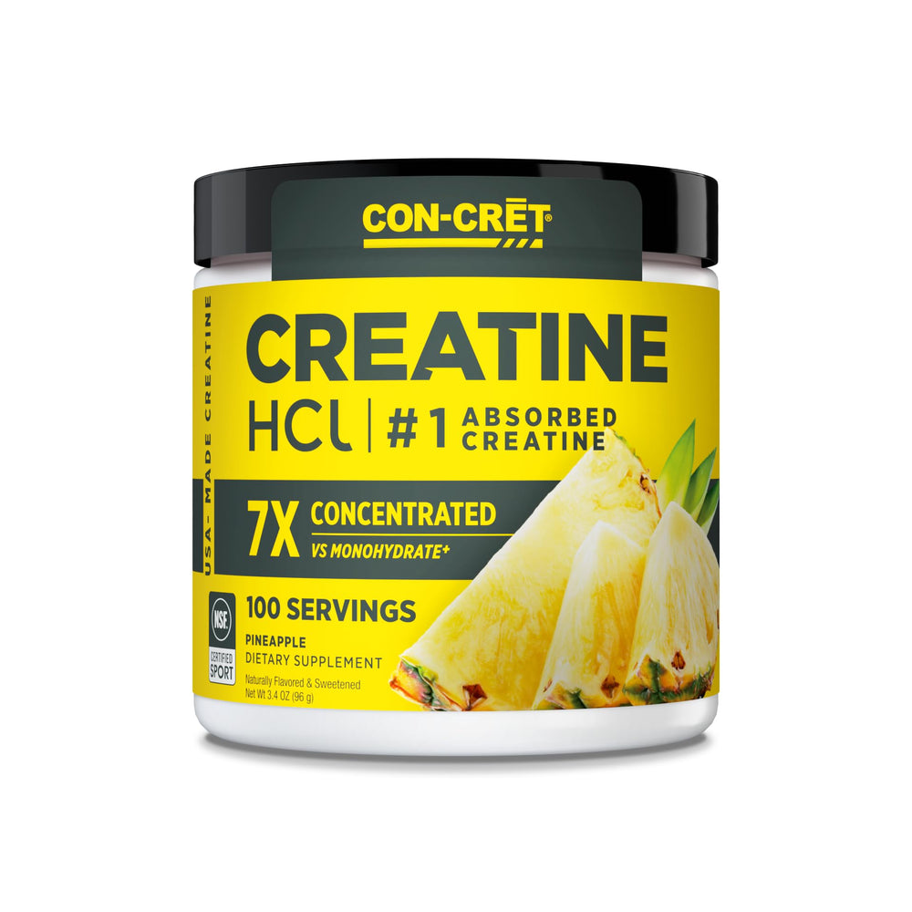 CON-CRET Creatine HCl pineapple powder in tub for daily energy support.