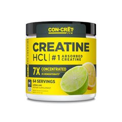 CON-CRET Creatine HCl powder bottle closeup highlighting solubility and USA-made quality.