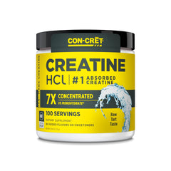 CON-CRET Creatine HCl powder bottle showing concentrated formula for performance support.