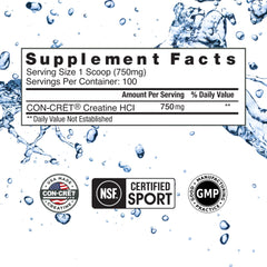 CON-CRET Creatine HCl scoop with powder for easy daily dosing during workouts.