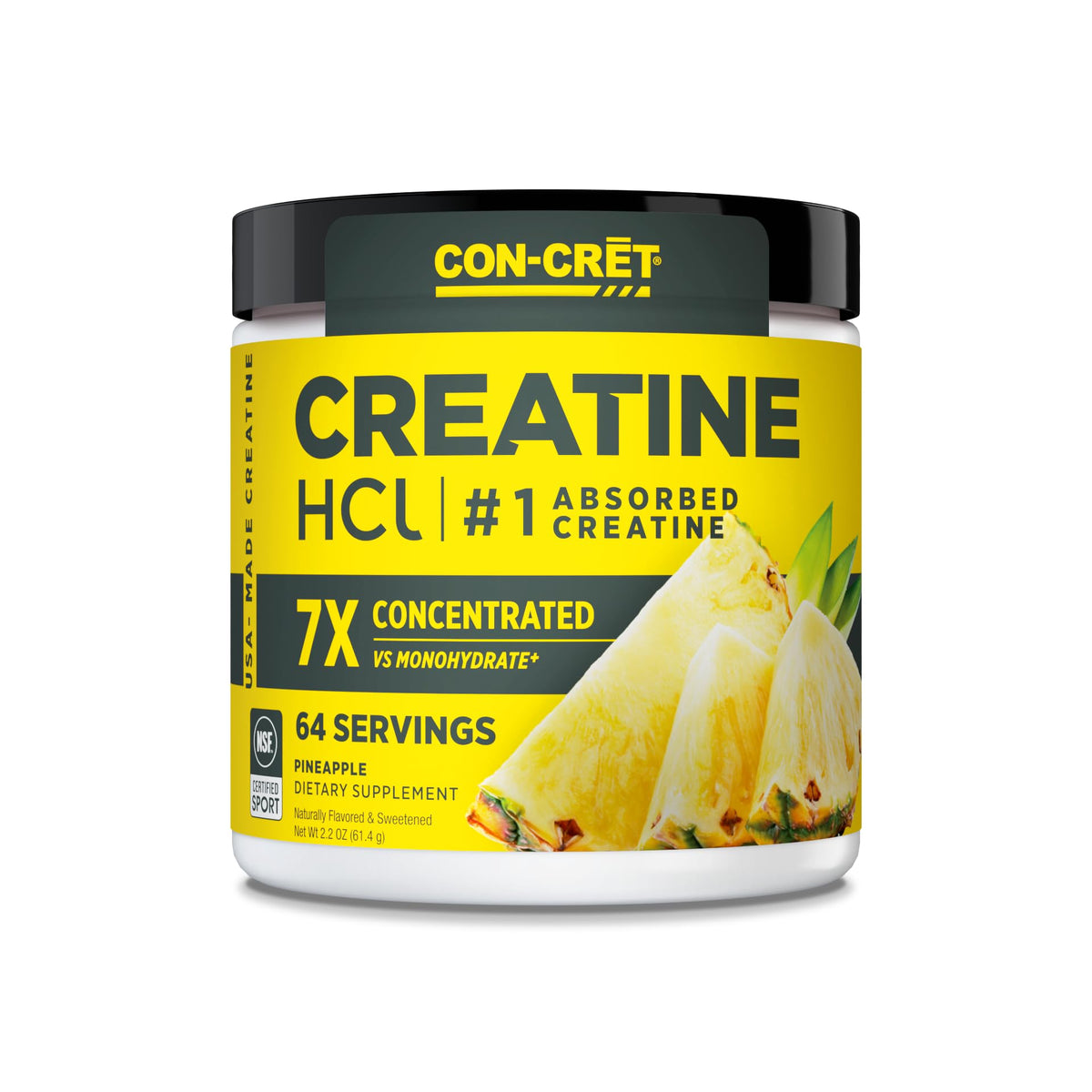 CON-CRET Creatine HCl powder tub highlighting pineapple flavor and serving information for daily energy support