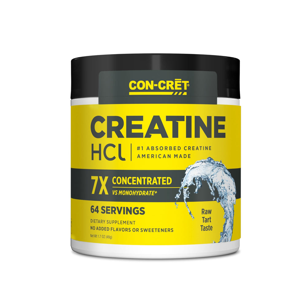 CON-CRET Creatine HCl powder tub shown for daily energy support