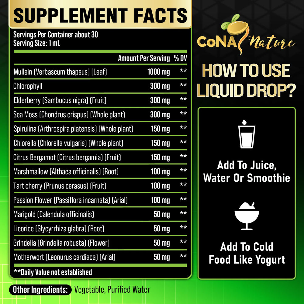 Cona Nature 14in1 drops ingredients include elderberry and sea moss.