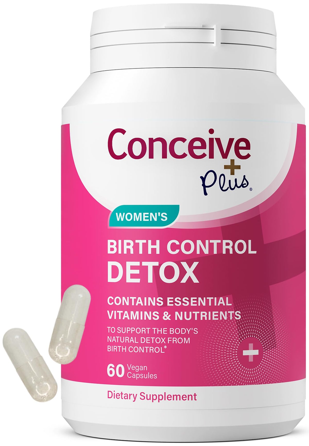CONCEIVE PLUS Birth Control Detox bottle pour showing easy daily capsules for balance.
