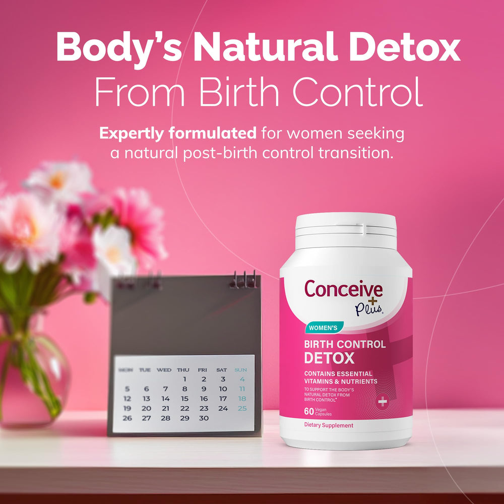 CONCEIVE PLUS Birth Control Detox capsules close-up for daily prenatal-like support.