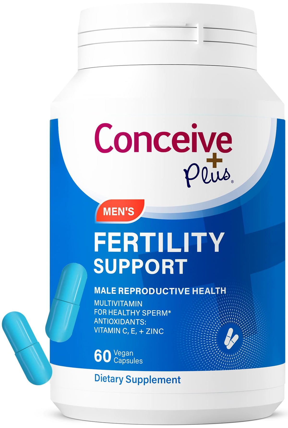 Conceive Plus Men’s Fertility Support bottle with capsules for sperm health and hormonal balance.