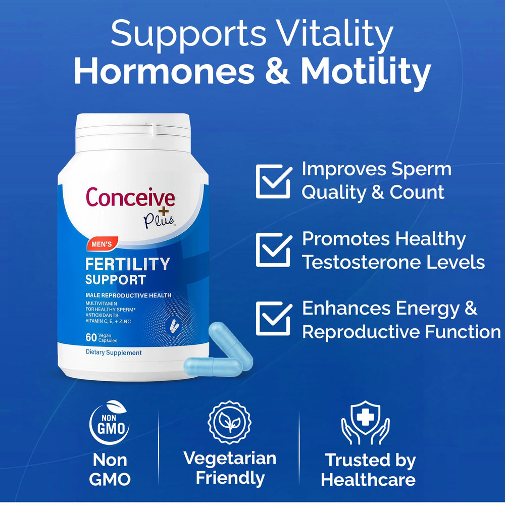 Close-up of Conceive Plus capsules showing zinc and nutrients aiding conception support.