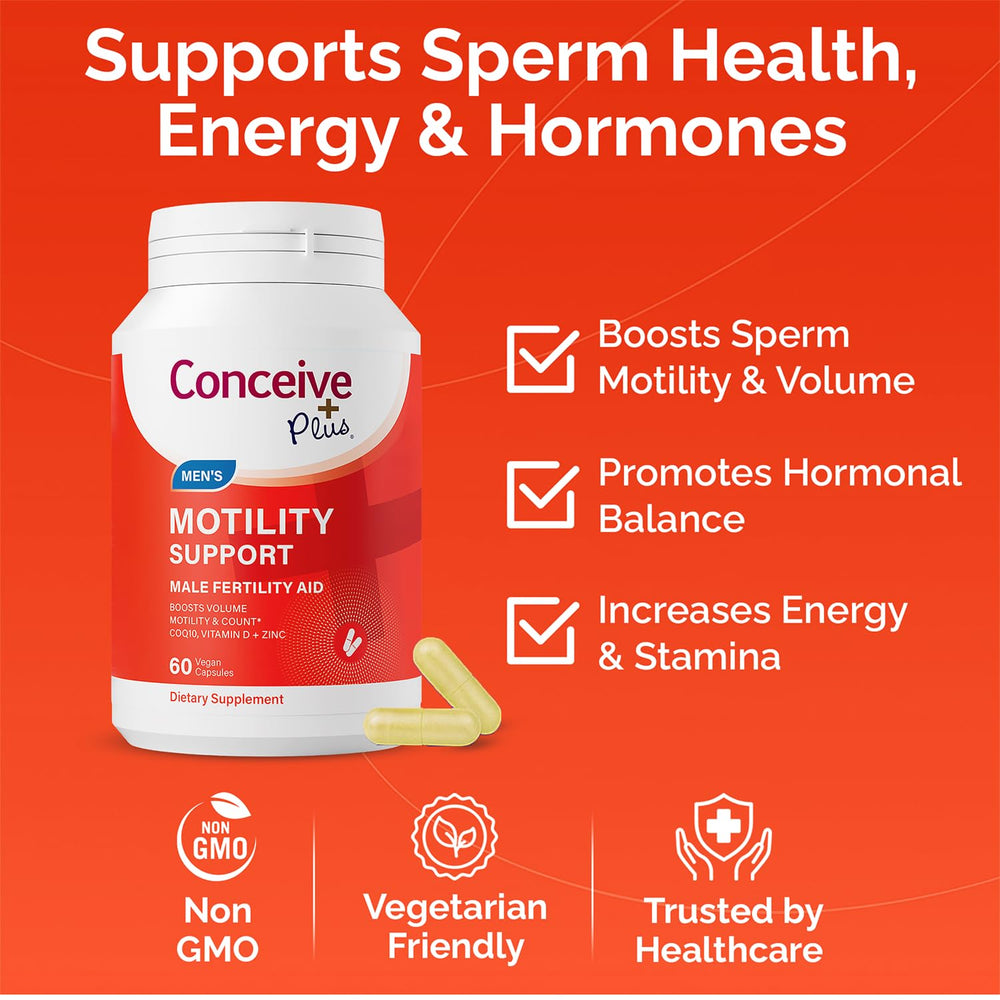 Closeup of Conceive Plus Motility capsules highlighting vitamins and nutrients