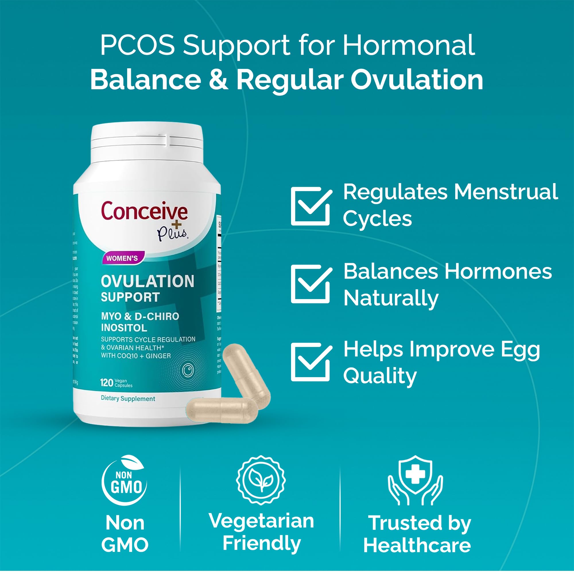 Conceive Plus ovulation support capsules close-up for daily fertility supplementation.