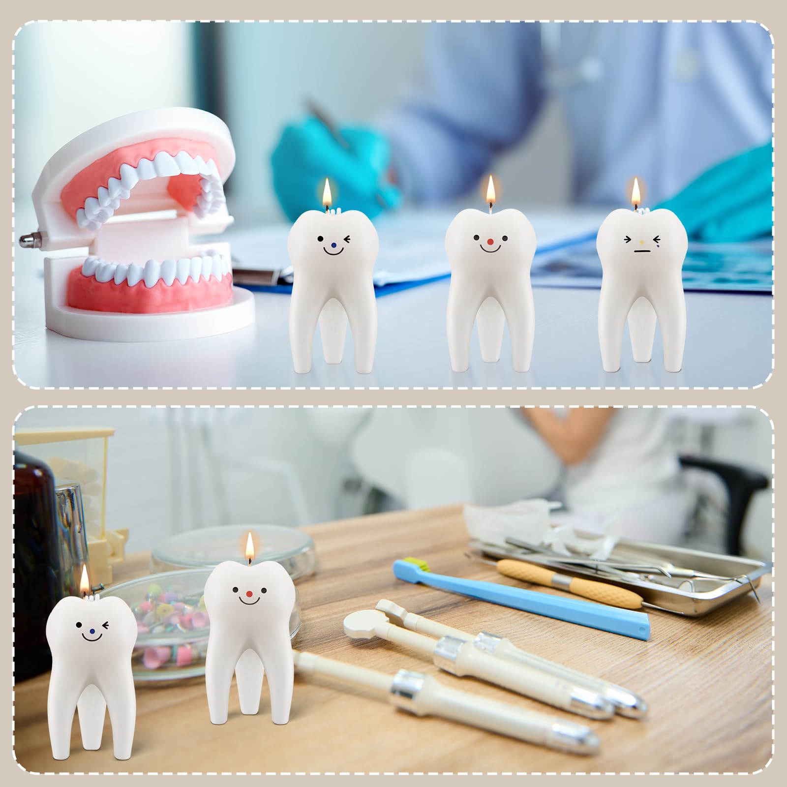 Conelist dental office decor candle enhances reception area with modern tooth motif.