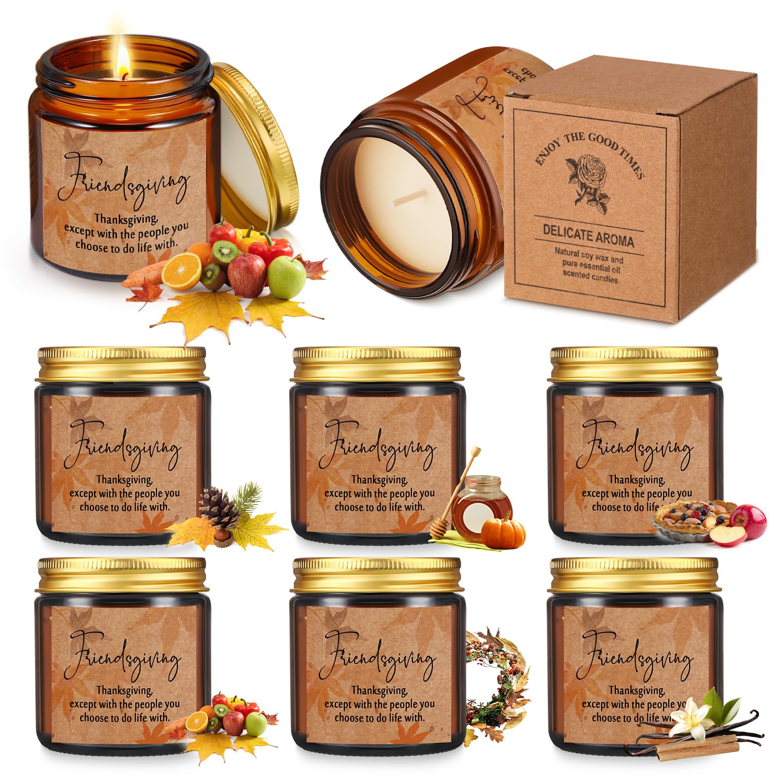 Conelist fall-winter candles in amber jars for cozy spaces.