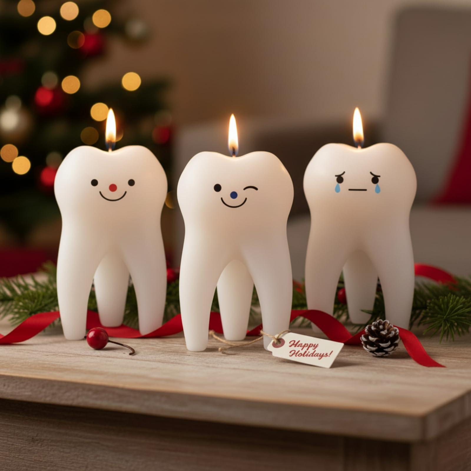 Conelist tooth candle with vanilla aromatherapy calms clinic ambiance.