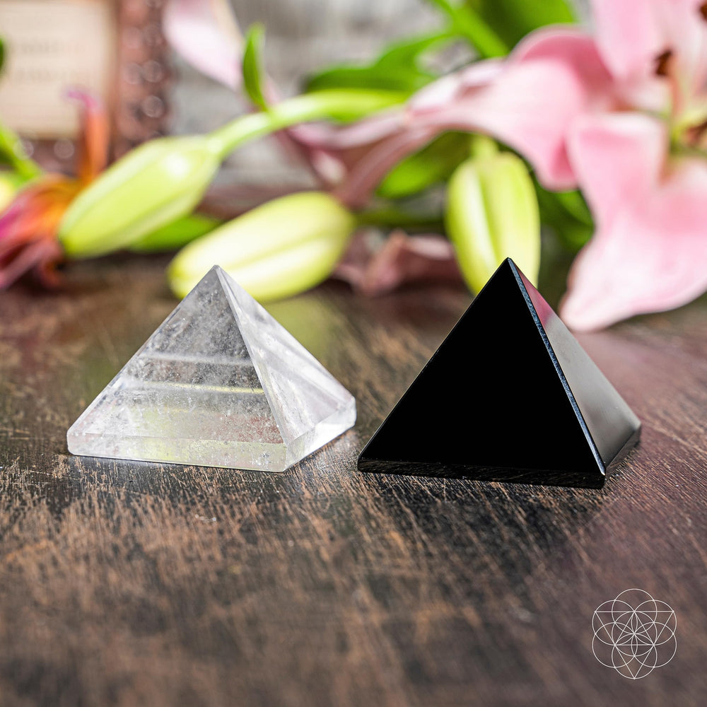 Conscious Items Clear Quartz Pyramid home-office setup brings serene ambiance and daily balance.