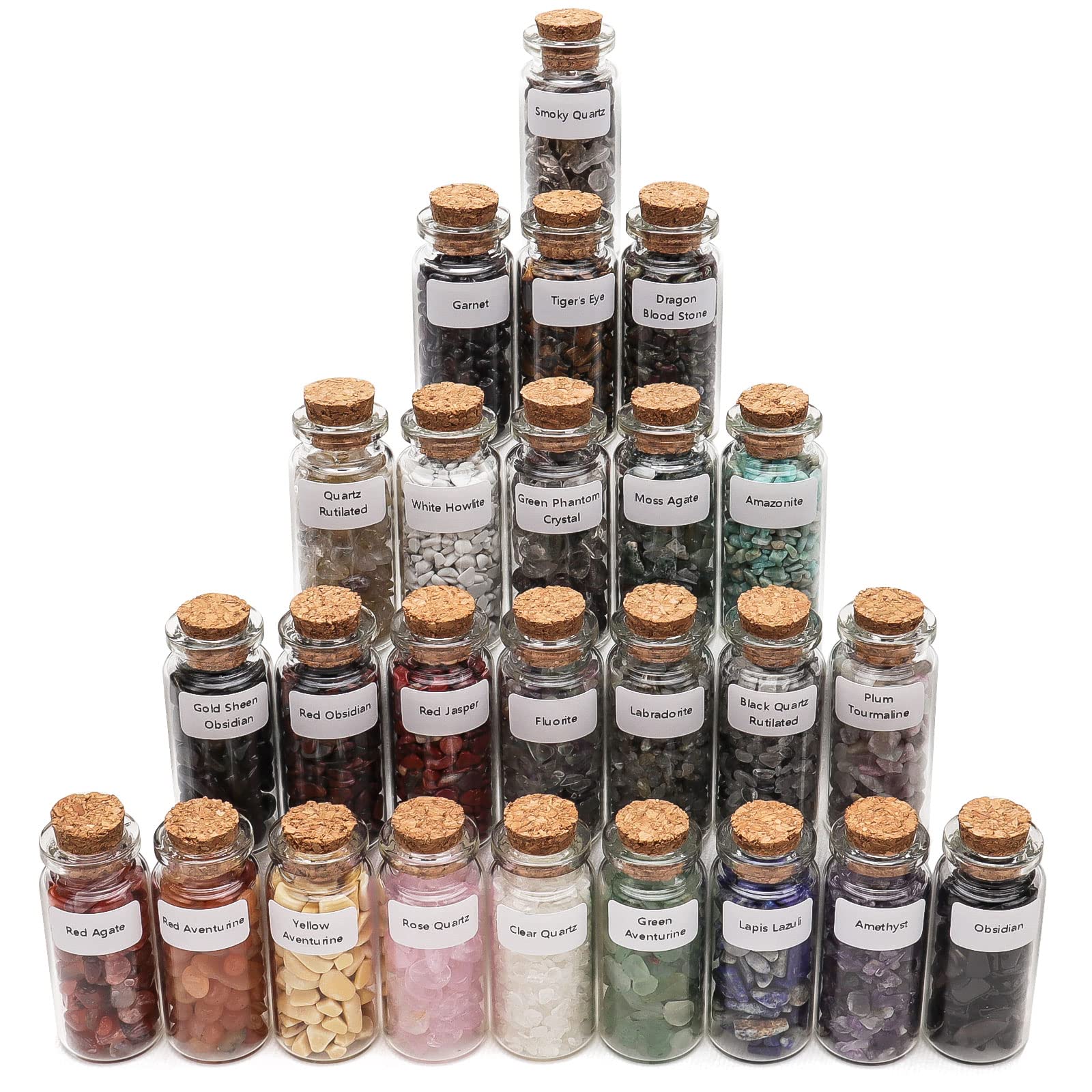 Consine Witchcraft 25-crystal bottle set for meditation, study and decorative display.