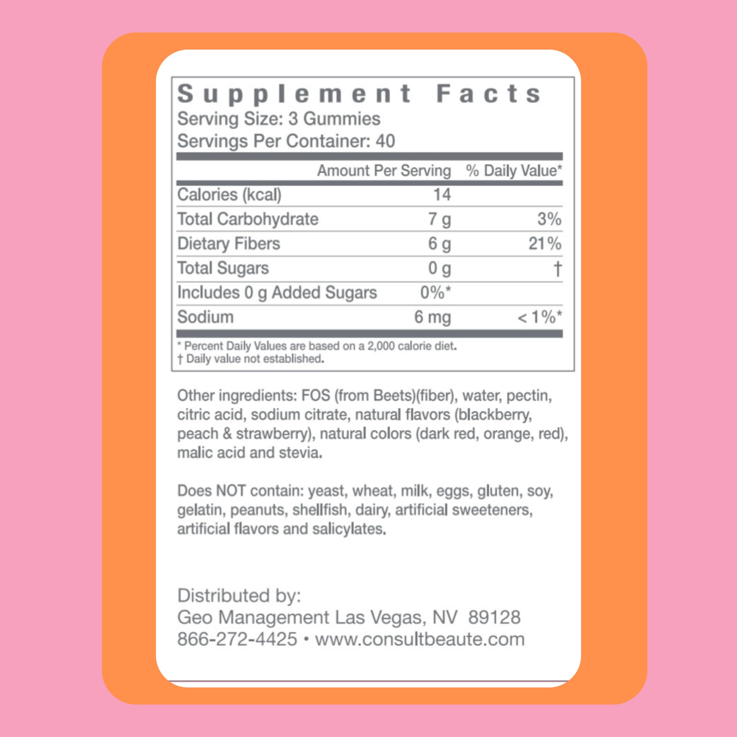Consult Health Fiber Gummies sugar-free label, no artificial flavors
