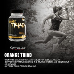 Controlled Labs Orange Triad bottle side highlighting iron-free formula for workouts.