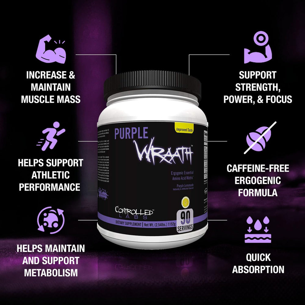 Purple Wraath lemonade canister label highlighting BCAA and EAA support.