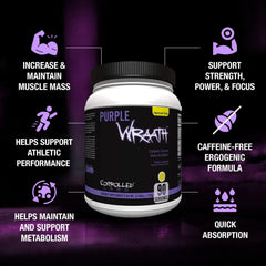 Purple Wraath lemonade canister label highlighting BCAA and EAA support.