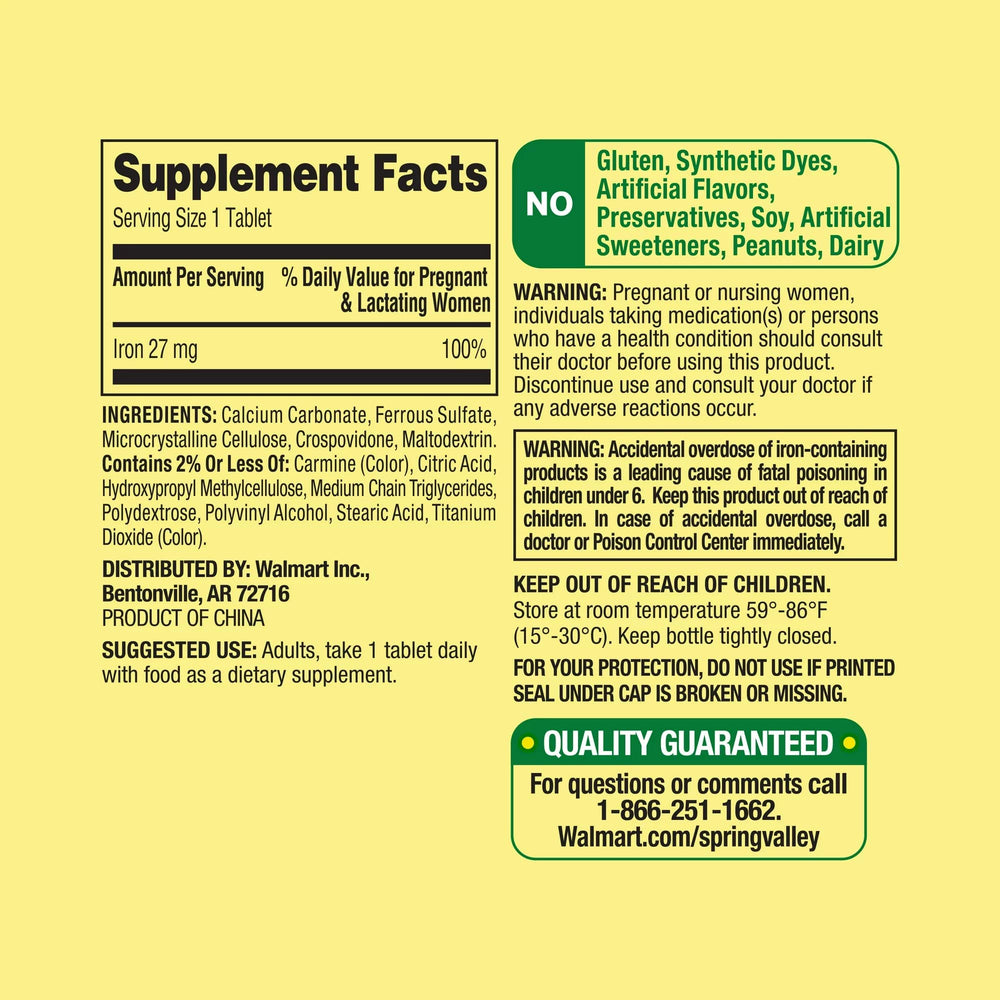 Convergence ferrous sulfate tablets label close-up showing ingredient details.