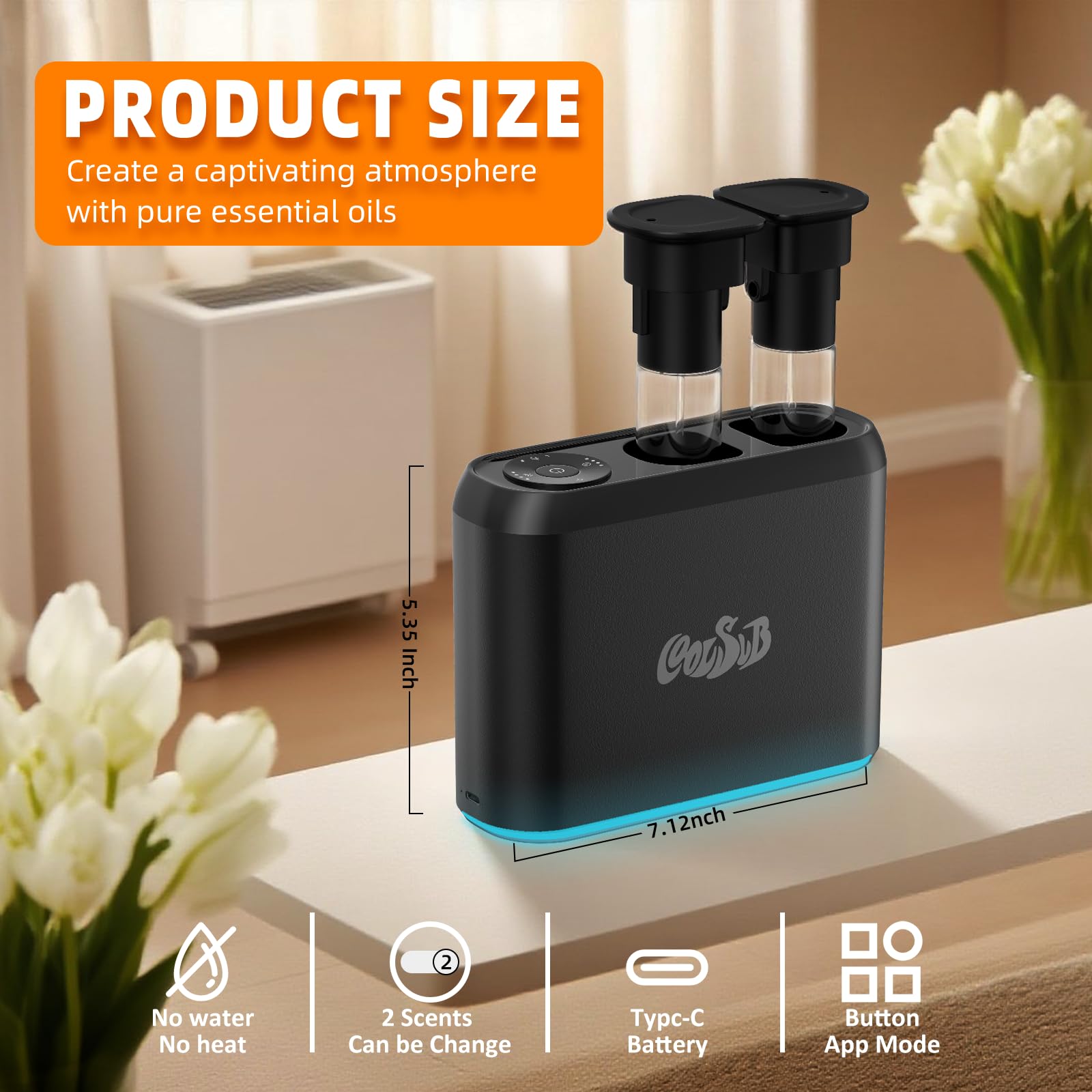 CoolSub dual-nozzle design close-up highlighting two scent options for flexibility.