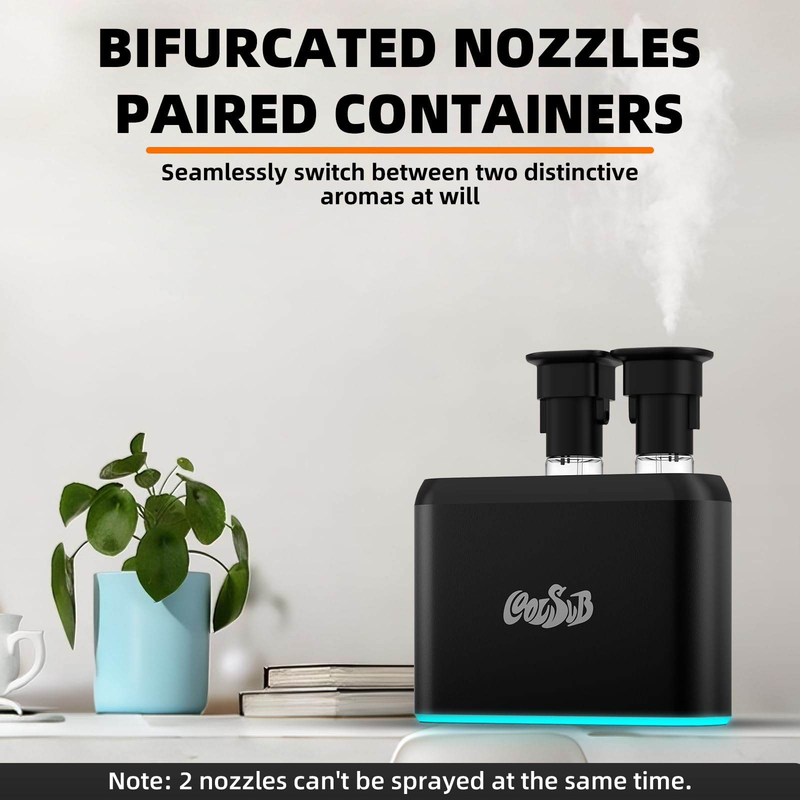 CoolSub nano-atomizing nozzle close-up for fine mist and even aroma distribution.