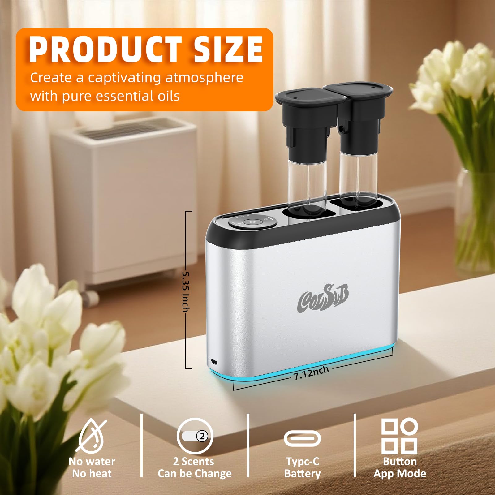 CoolSub Smart Aroma Diffuser with silver body on a desk for a refined workspace