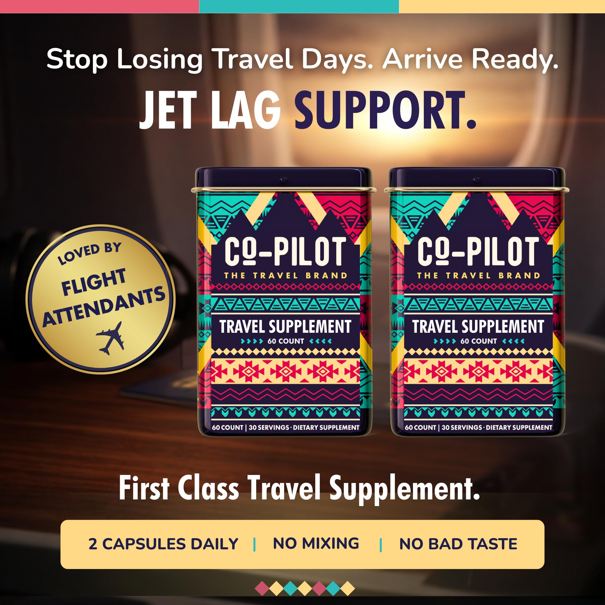 Co-Pilot The Travel Brand Ashwagandha-Rhodiola capsules support energy balance during travel.