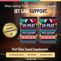 Co-Pilot The Travel Brand Ashwagandha-Rhodiola capsules support energy balance during travel.