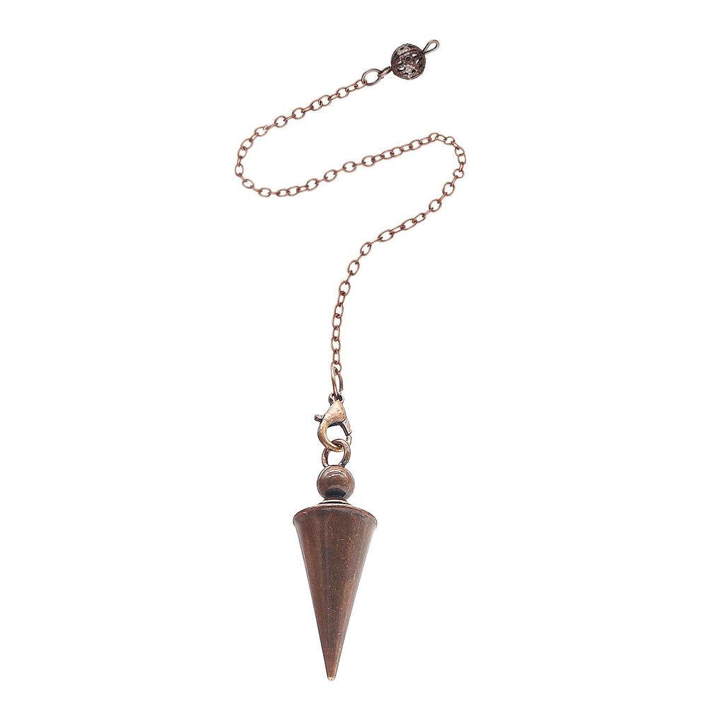 Copper pendulum with nine-inch chain for divination and board readings.