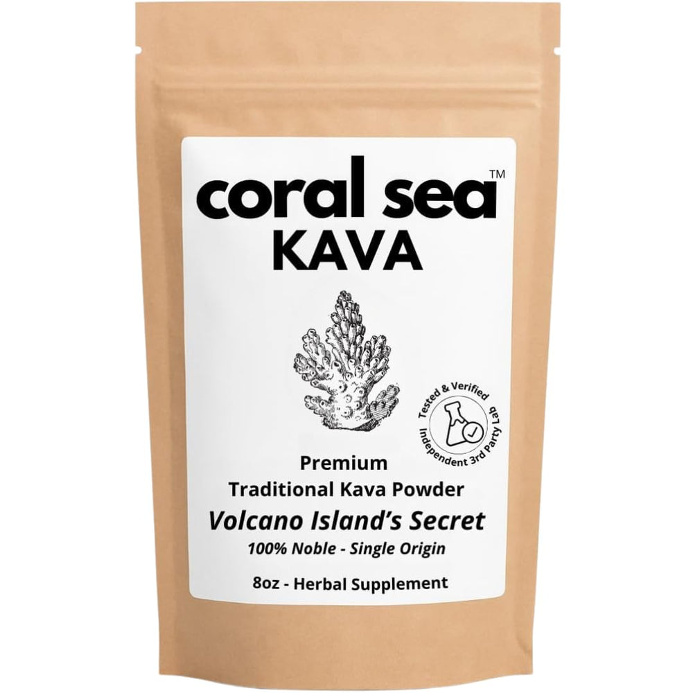Coral Sea Kava powder shows premium noble roots in a jar, ready for ceremonial use.