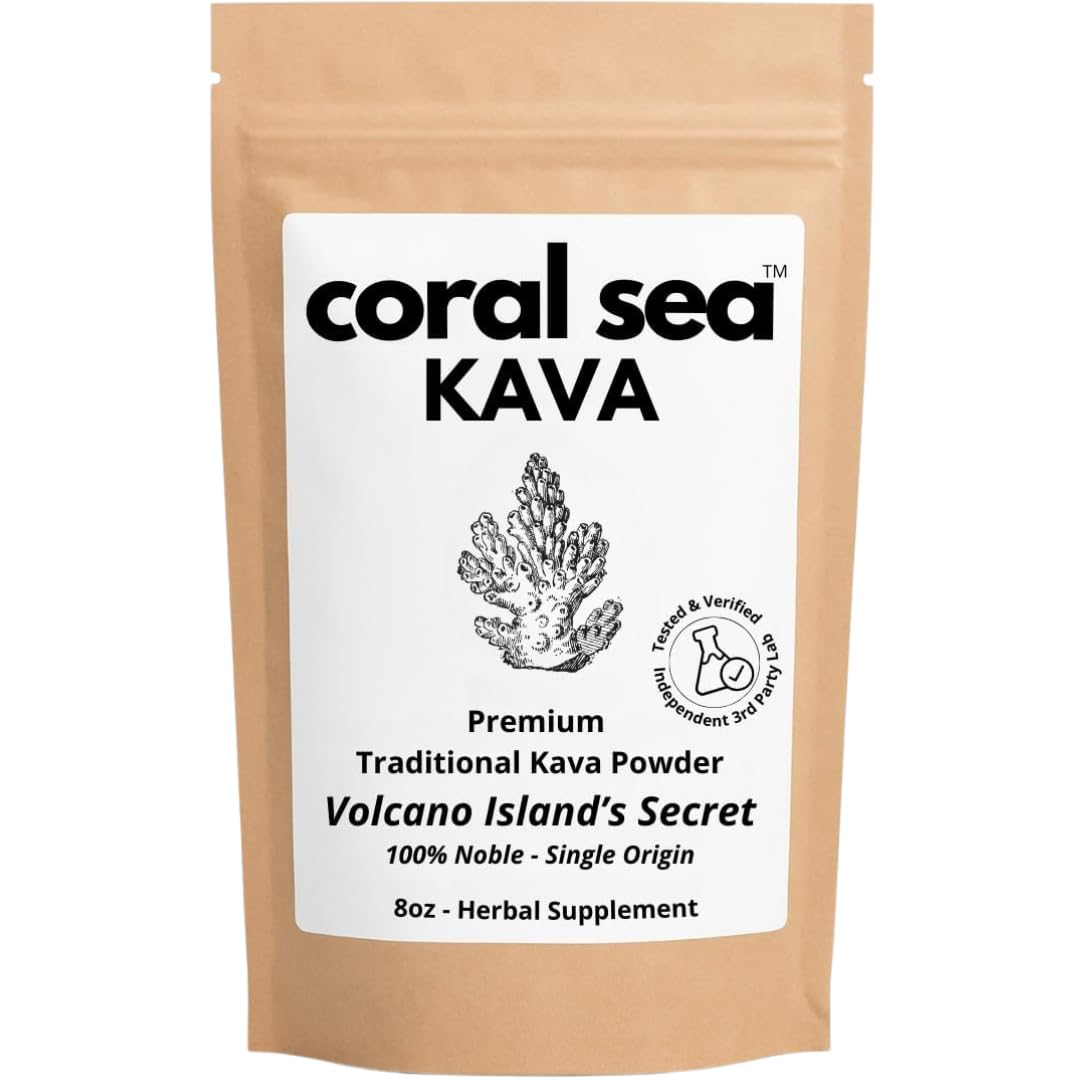 Coral Sea Kava powder shows premium noble roots in a jar, ready for ceremonial use.