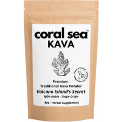 Coral Sea Kava powder shows premium noble roots in a jar, ready for ceremonial use.
