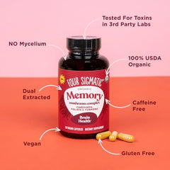 Four Sigmatic Memory Capsules cordyceps close-up featuring the mushroom used in the formula.