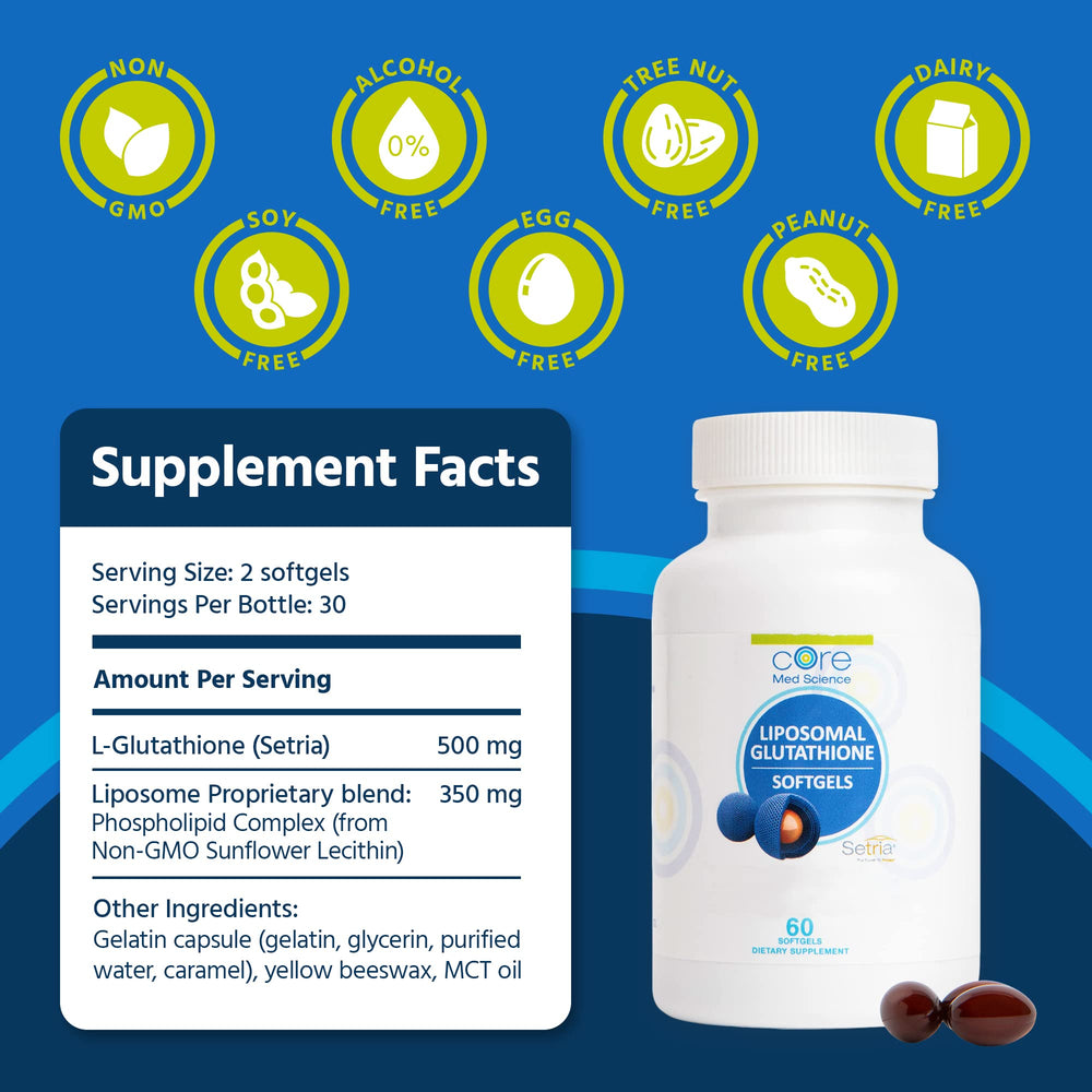Core Med Science liposomal glutathione bottle and label promoting wellness support.