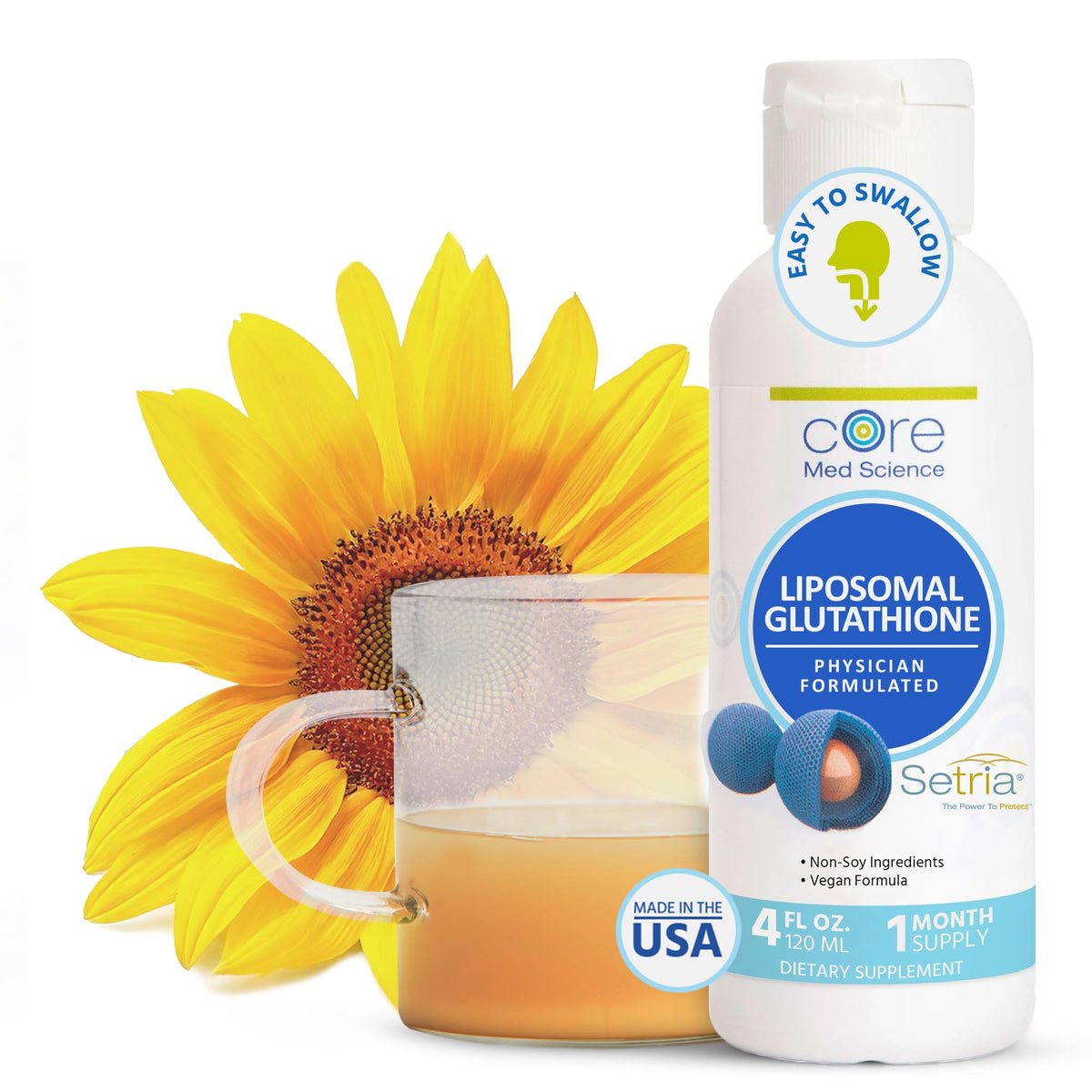 Core Med Science liposomal glutathione bottle with citrus flavor and clear label