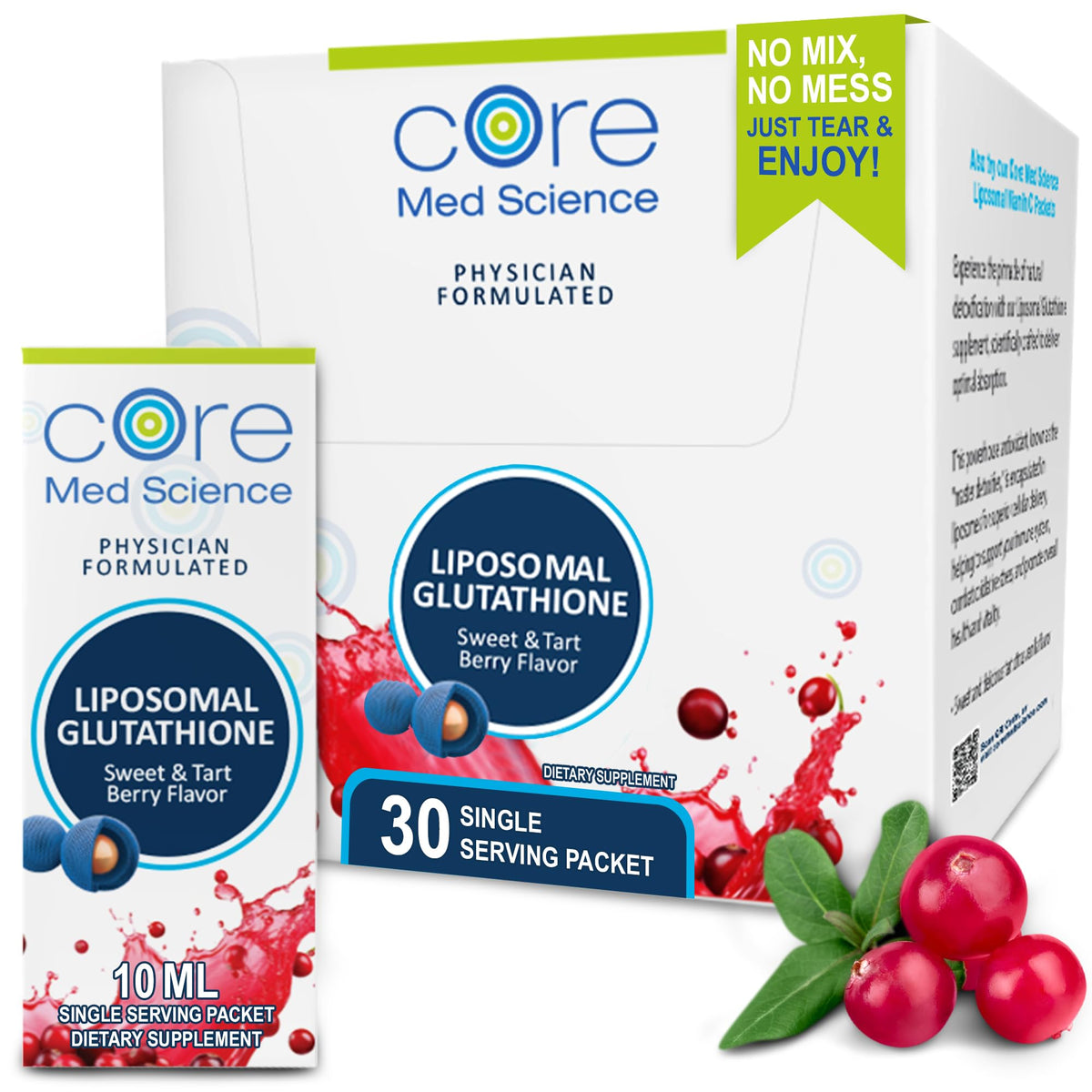 Core Med Science Liposomal Glutathione box with Sweet & Tart Berry flavor and ready-to-use sachets.