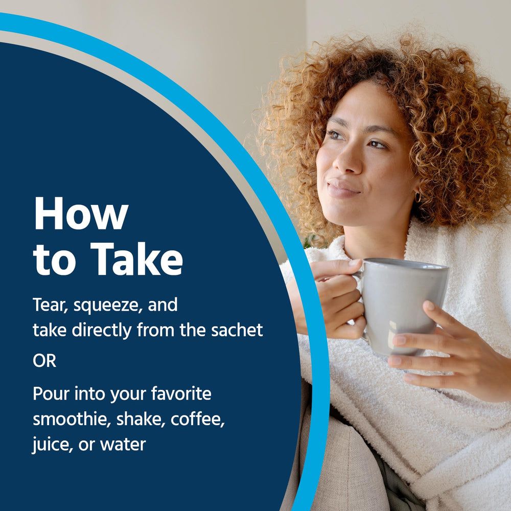 Pour-ready view shows mixability into beverages with liposomal delivery.