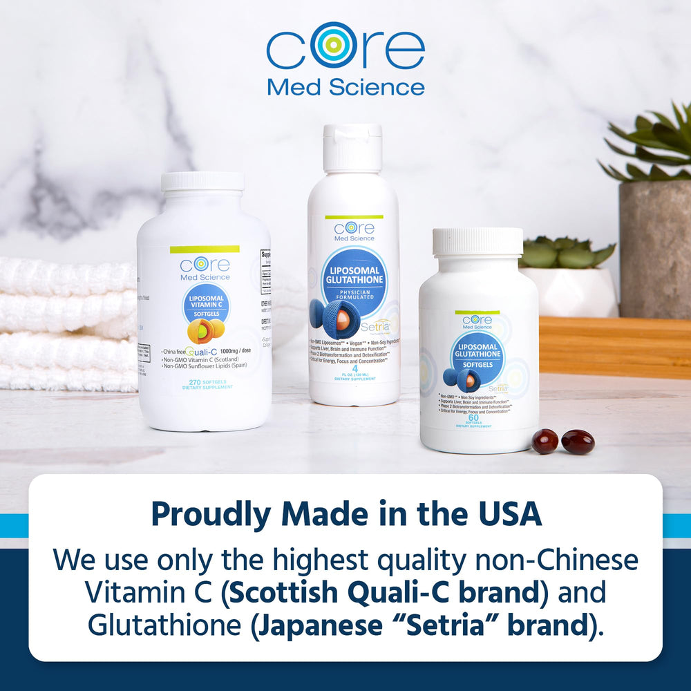 Dropper showing 30 servings per bottle for Core Med Science liposomal glutathione